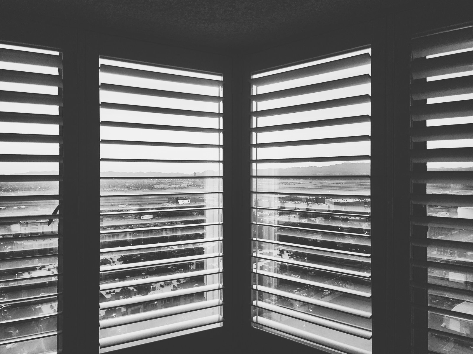 A black-and-white view through window blinds