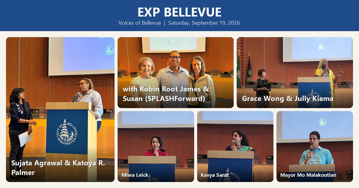 A collage of photos from EXP Bellevue, with speakers at a podium and on a panel