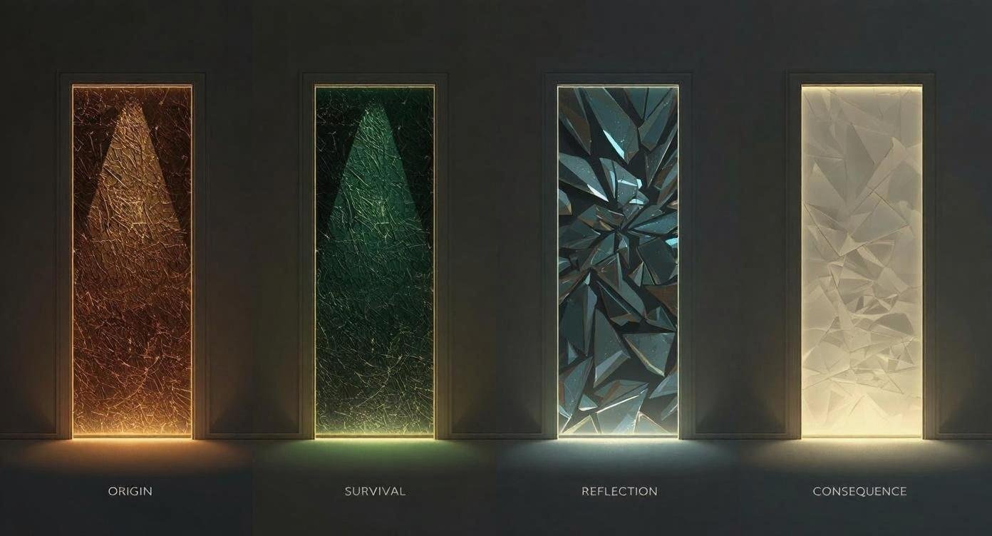 Four glowing vertical panels in amber, green, blue and gold