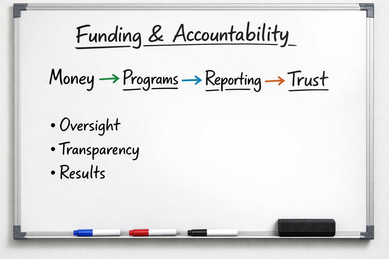 A whiteboard reading Funding and Accountability: Money, Programs, Reporting, Trust, with Oversight, Transparency and Results