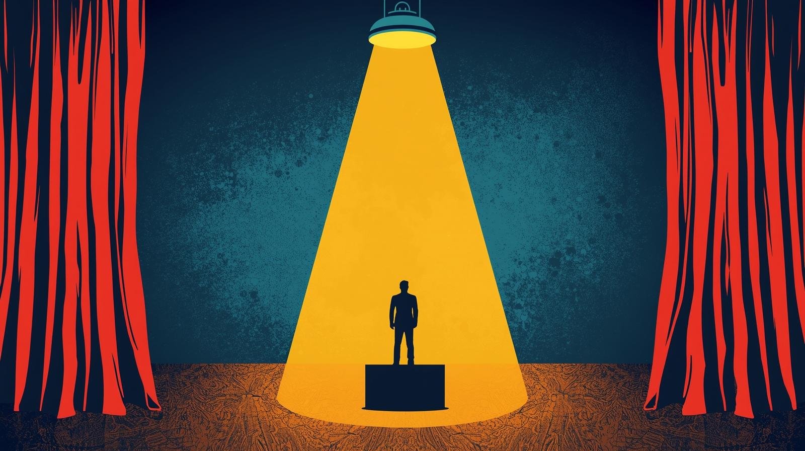 A figure standing in a spotlight on a stage between red curtains