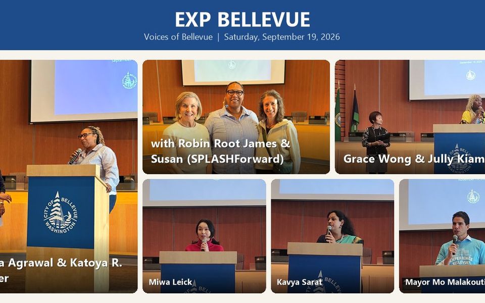 A collage of photos from EXP Bellevue, with speakers at a podium and on a panel