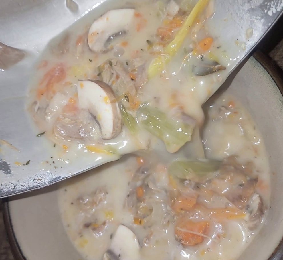Creamy soup with chicken, sliced mushrooms, celery and carrots being poured into a bowl